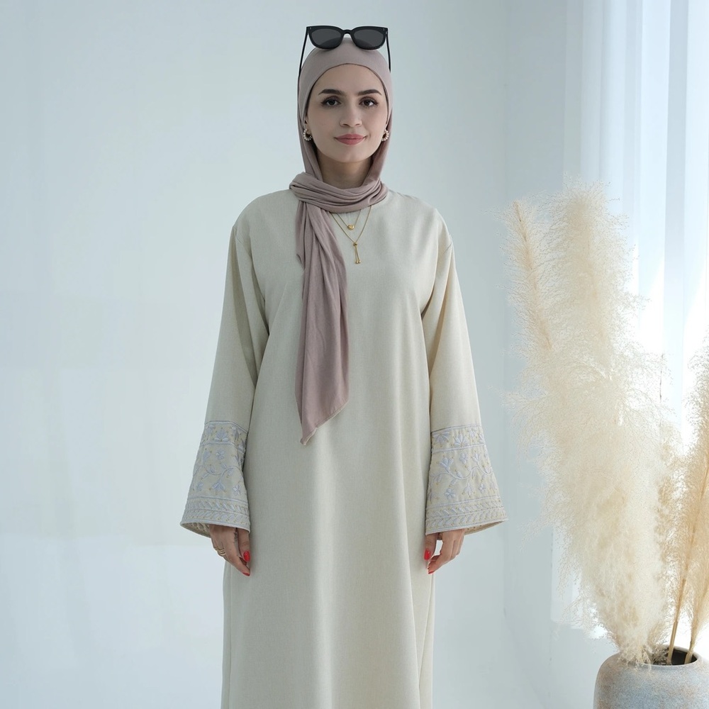 White Floral Embroidered Sleeve Beige Abaya With Belt